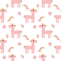 Pink unicorn cartoon so cute. On rainbow cloud heart white background. Pattern seamless vector illustration. 