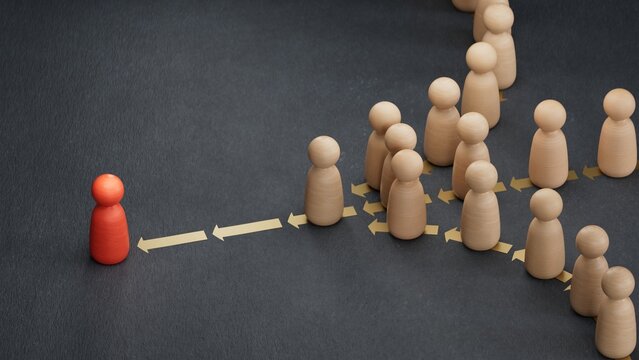 3D illustration of many pawns in a row. Concept of lead. Following the leader.Marketing and communication concept.3D rendering on black background.