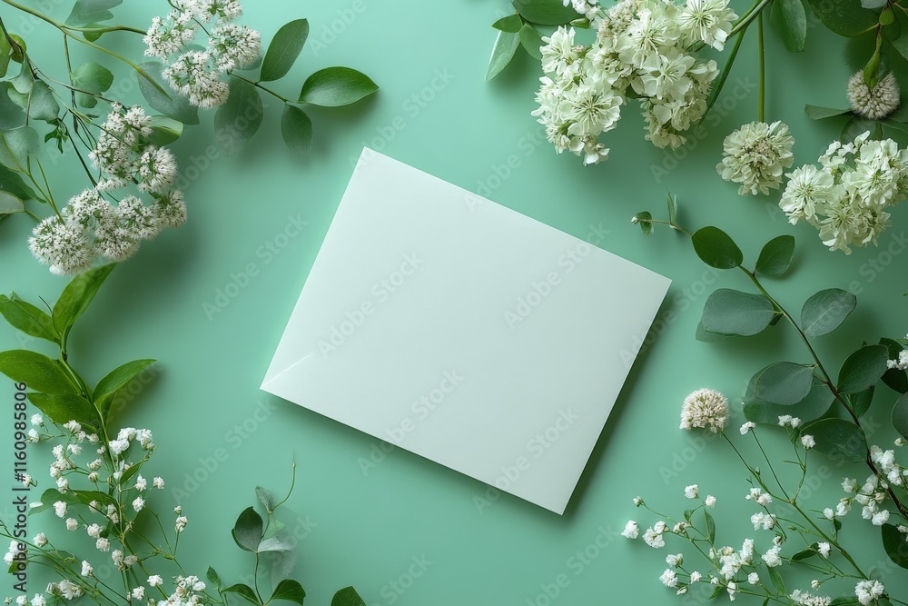 Poster blank card surrounded by fresh flowers on a green background creating a serene and inviting atmosphe