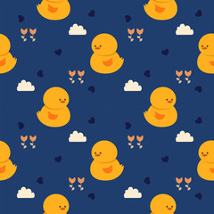 Baby duck cartoon so cute. On flower heart cloud blue background. Pattern seamless vector illustration. 
