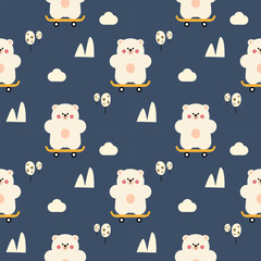 Polar bear play skateboard cartoon so cute.  On mountain tree cloud blue background. Pattern seamless vector illustration. 
