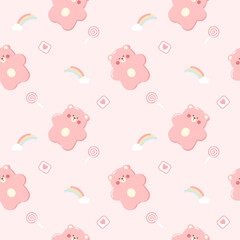 Pink bear cartoon so cute. On rainbow cloud heart lollipop pink background. Pattern seamless vector illustration. 
