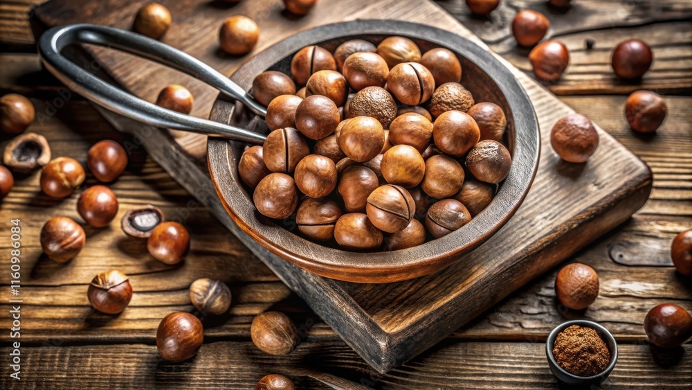 Poster a bowl of macadamia nuts on a wooden cutting board with a nutcracker and scattered nuts nearby.