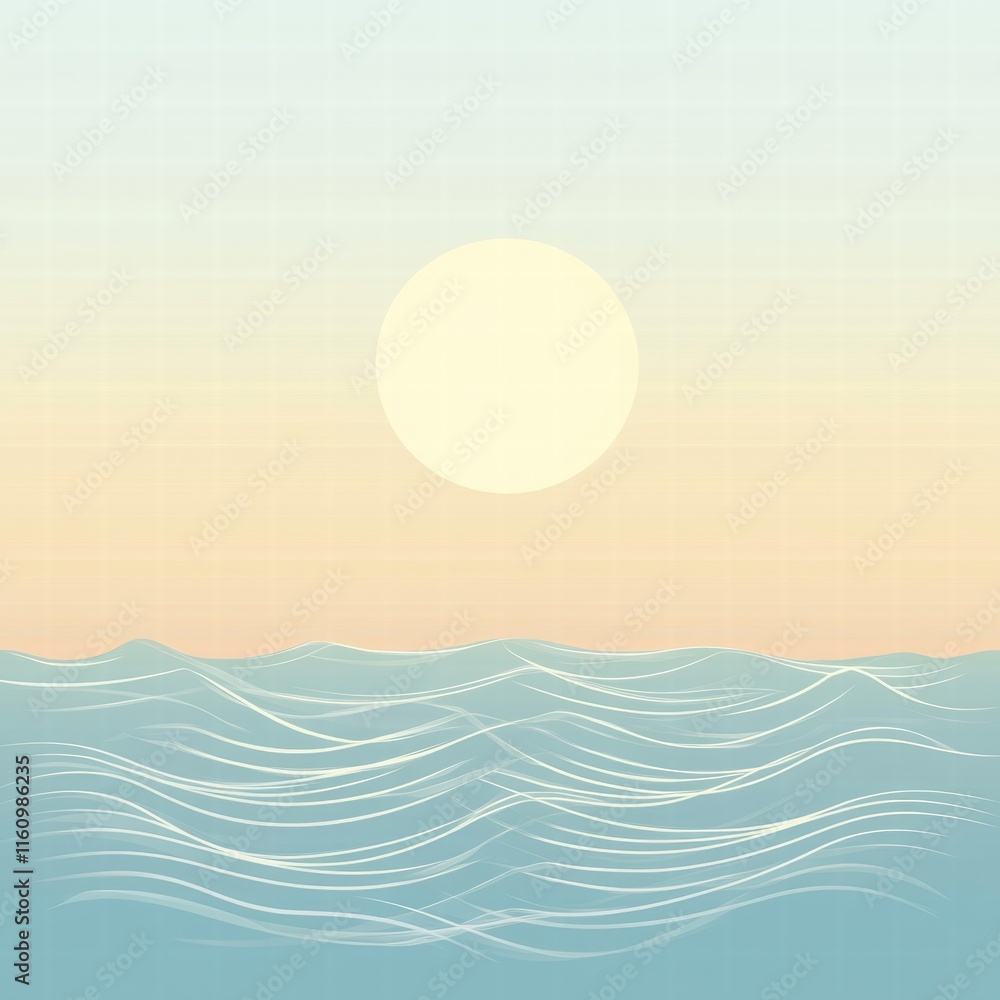 Poster Stylized sun setting over soft waves with ample copy space for text and ideas. Generative AI