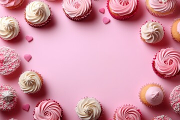 Delightful display of pink cupcakes surrounded by decorative hearts on a pastel background