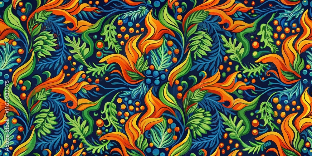 Poster a vibrant abstract pattern of stylized foliage, with a dynamic interplay of orange, green, and blue 