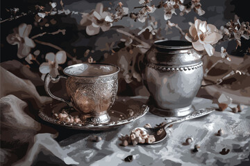 Still life with antique teapot on wooden table