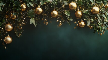 Fototapeta premium Golden Christmas Garland with Ornaments, Dark Green Background, Copy Space