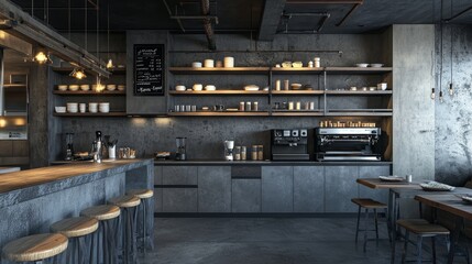 Fototapeta premium Interior of modern kitchen with black marble walls, concrete floor, gray countertops, shelves with dishes, wooden bar with stools and gray cupboard with built in ovens. 3d rendering