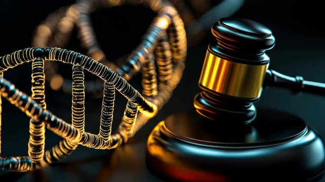 A legal gavel resting beside a glowing double helix, with holographic overlays of genetic data, highlighting the concept of genetic law.