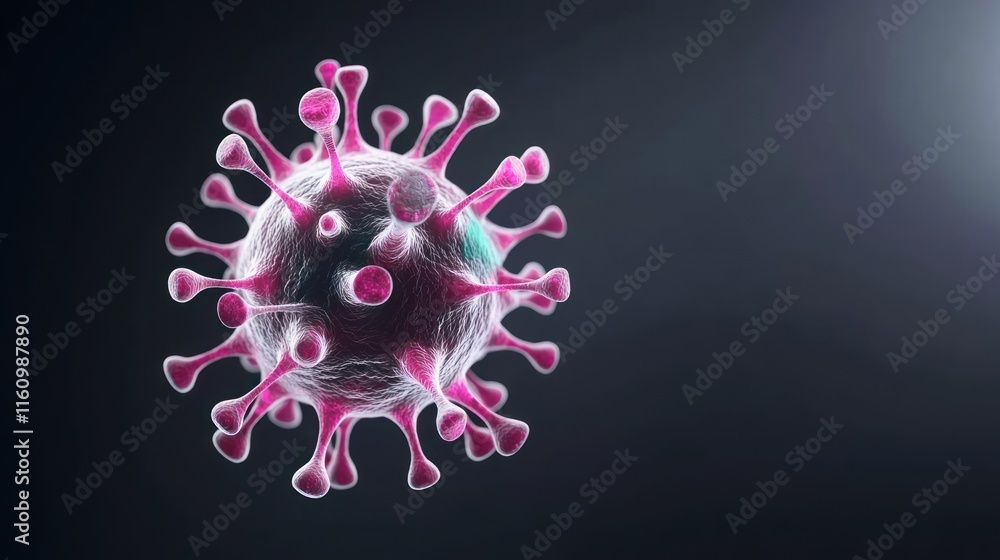 Poster a 3d representation of a virus, showcasing its structure and spikes.