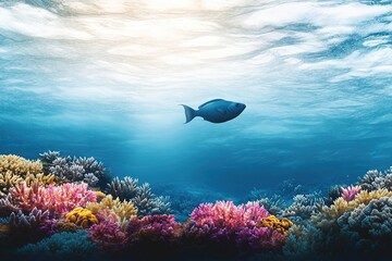 minimalistic stock photo of underwater scene with single fish swimming past vibrant coral reefs with ample copy space