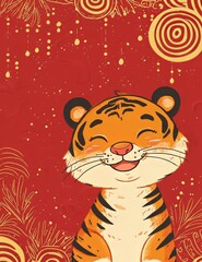 Tiger Sitting on Red Background