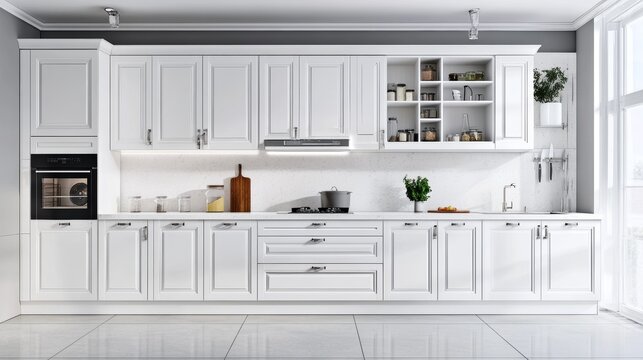 Front view of a modern white kitchen with many cabinets and all the necessary built-in appliances