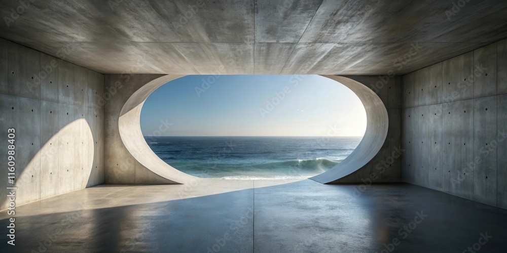Aufkleber a modern concrete room with a curving window frame offering a view of the ocean and a blue sky