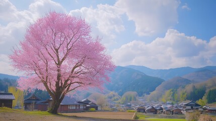 A magnificent and beautiful cherry blossom tree standing alone, with a peaceful and beautiful view...