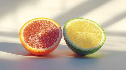 Halved orange and lime citrus fruit halves illuminated by sunlight