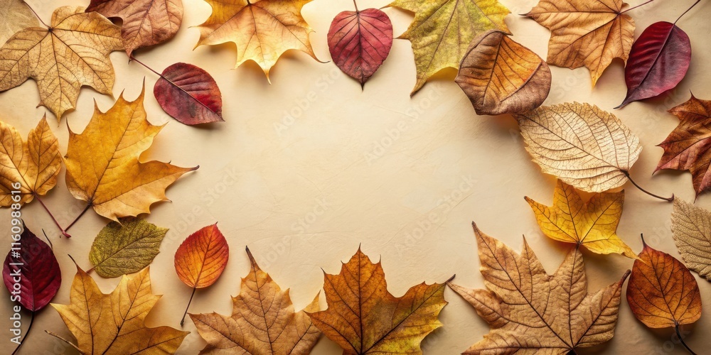 Poster autumn leaves frame, an elegant composition of delicate dried leaves arranged in a circular pattern 