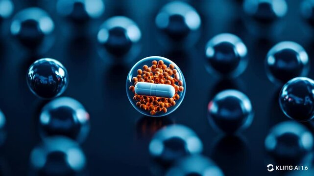 A creative depiction of a pill surrounded by contrasting glowing particles metallic spheres, representing its dual effects on the body.