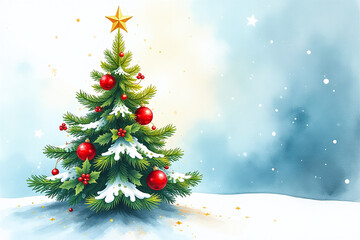 Obraz premium watercolor christmas tree features golden star branches surrounded festive holly red ornaments vibrant winter