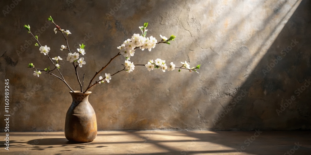 Poster A delicate sprig of blossoming branches arranged in a rustic vase, casting shadows on the textured wall and floor in a simple and elegant still life setting.