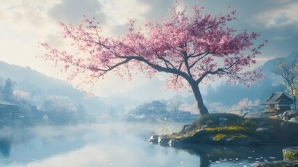 A magnificent and beautiful cherry blossom tree standing alone, with a peaceful and beautiful view...