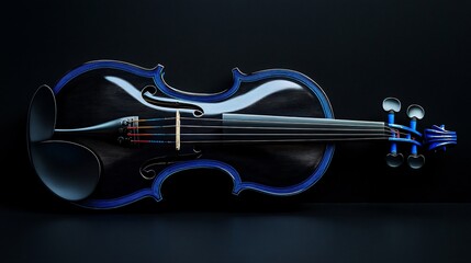A modern violin with electric blue accents, resting against a sleek black backdrop