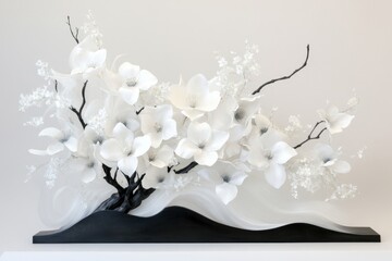 An Ikebana piece featuring cascading wisteria vines and delicate blossoms, evoking a sense of graceful motion