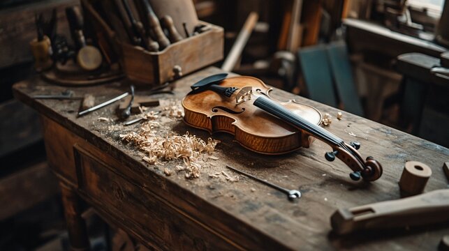 A rustic workbench with a violin in the process of being built, tools and shavings scattered around
