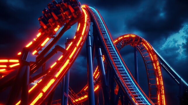 Night roller coaster with red and blue neon lights against a dramatic sky.