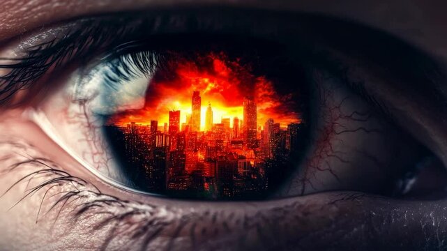 A close-up of an eye reflecting a fiery cityscape, symbolizing destruction and chaos, with a dramatic contrast between the eye and the burning skyline.