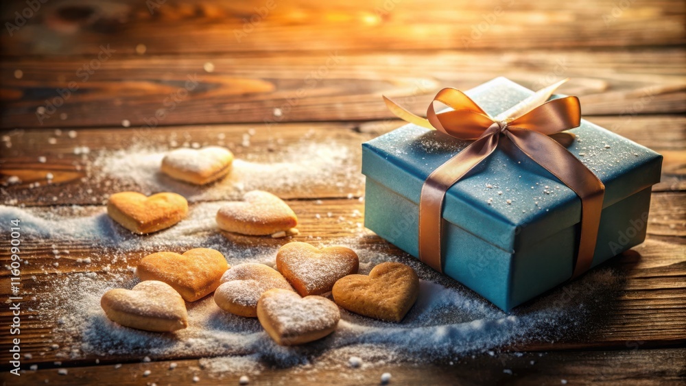 Poster a blue gift box with a brown ribbon resting on a wooden surface surrounded by heart-shaped cookies d
