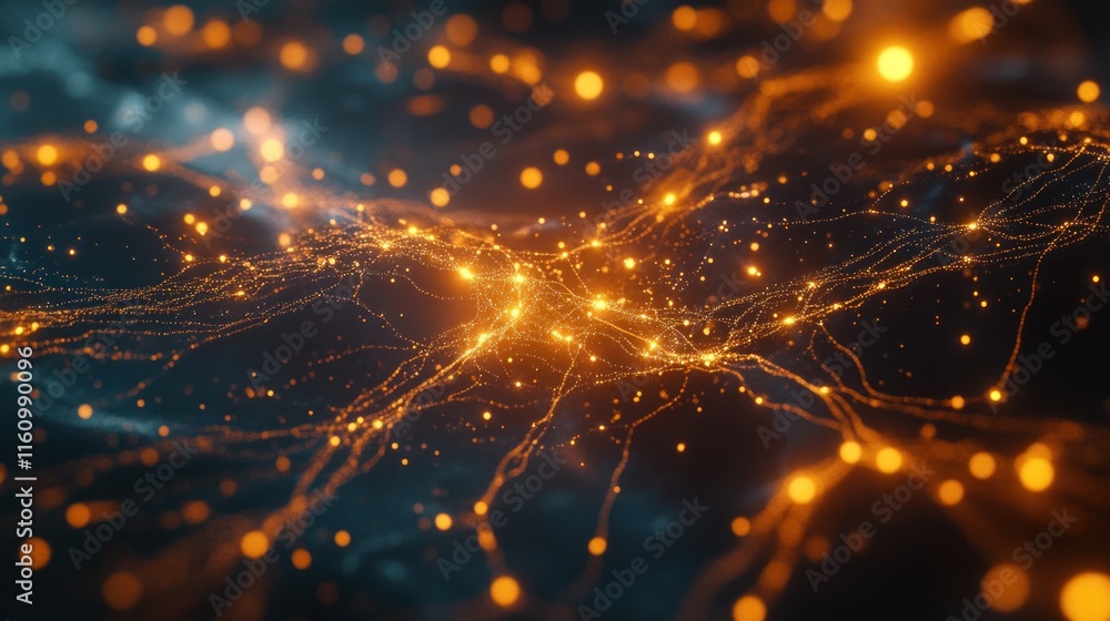 Poster abstract glowing particles and lines forming a dynamic network.
