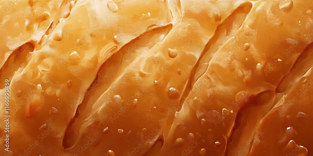 Poster Textured seamless repeat pattern of golden bread with moisture droplets