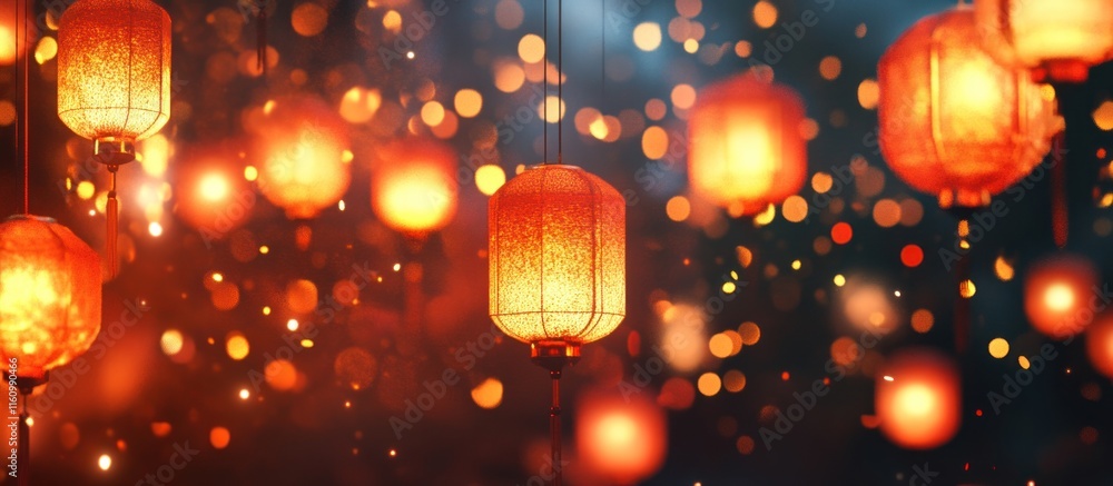 Poster illuminated lanterns glow brightly amidst a bokeh background, creating a festive and magical ambianc