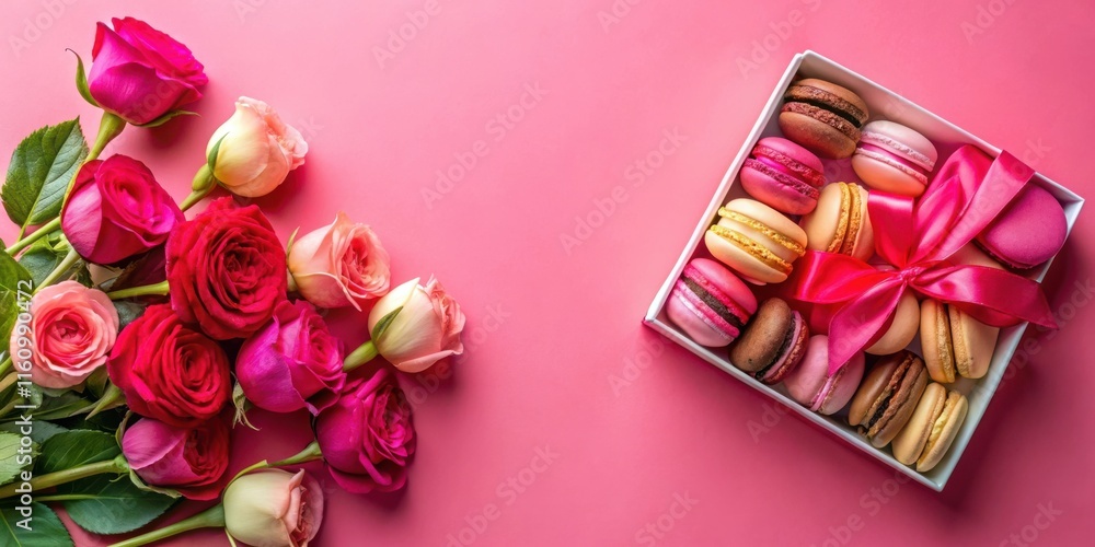 Poster a box of colorful macarons tied with a pink ribbon, resting on a pink background, with a bouquet of 