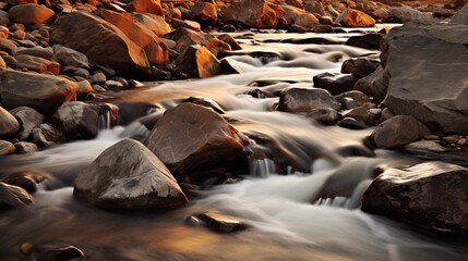 Long exposure of flowing water with soft waves, golden hour lighting, empty space on the left for text,generative ai illustration