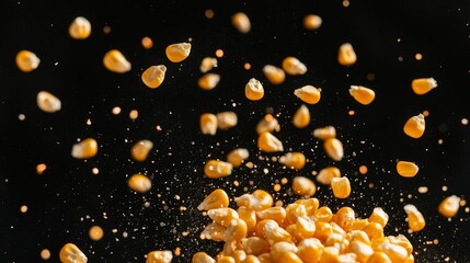 Flying popcorn, isolated on black background