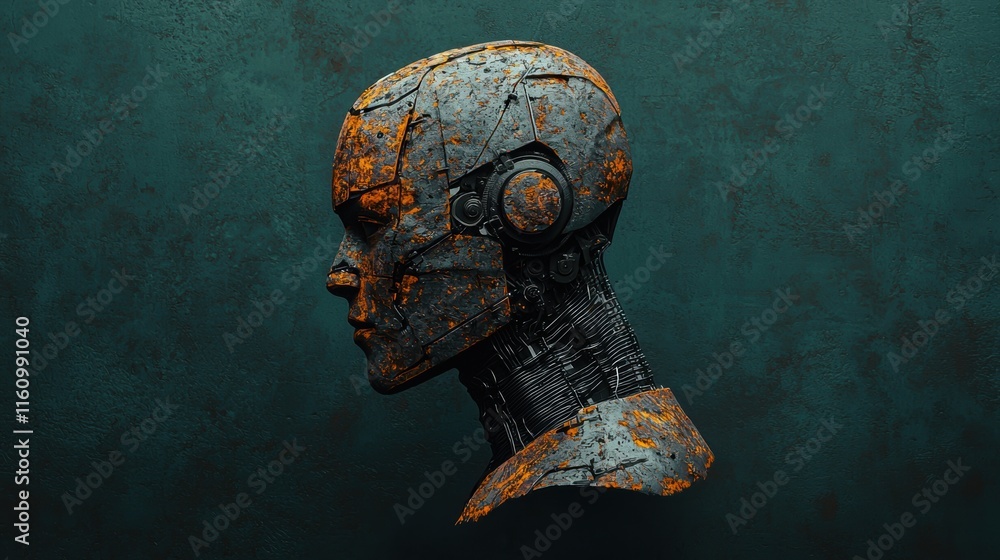 Poster rusty robot head profile with mechanical details and textures