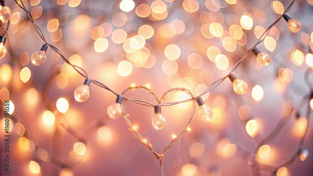 Poster warm string lights forming a heart shape against a blurred background of golden bokeh
