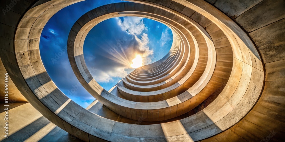 Poster A circular architectural structure with a view of a bright, sun-drenched sky. The structure creates a frame for the sky, with the sun's rays casting a warm glow on the concrete walls.