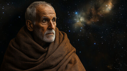Starszy mężczyzna o zamyślonym wyrazie twarzy, owinięty brązowym szalem, na tle rozgwieżdżonego nieba, tworzącym atmosferę refleksji i tajemniczości.