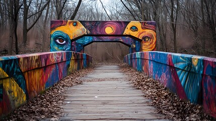 Vibrant Graffiti Bridge in Autumn Woods