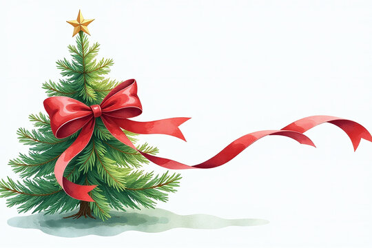 watercolor illustration christmas tree features bright red bow tied around flowing
