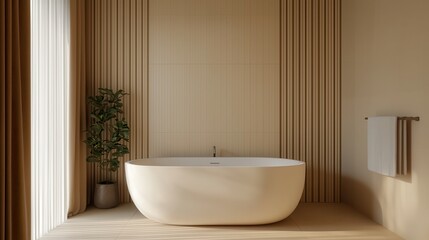 Fototapeta premium Contemporary house interiors are minimalist and innovative. Modern bathroom featuring a freestanding tub and natural light.