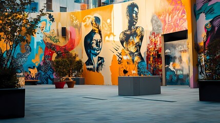 Vibrant Urban Mural Art in City Courtyard