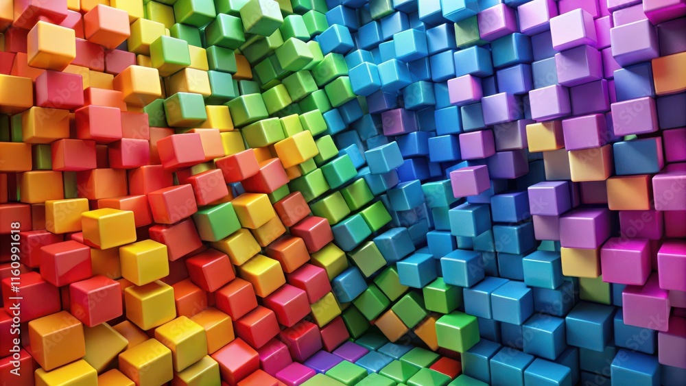 Fototapete A vibrant and playful abstract background featuring a mesmerizing wall of multicolored cubes, creating a dynamic and energetic visual experience.
