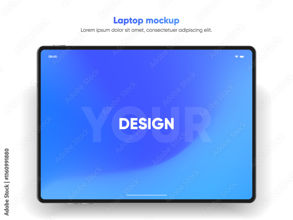 Poster 3D Tablet frame less blank screen. Empty screen device tablet mockup element. Can be used for mobile app, UI UX, business presentations. High quality EPS10 ultra realistic tablet with editable screen