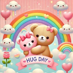 Obraz premium Celebrating happy hug day with an adorable illustration featuring hugging teddy bears, a rainbow, and cute clouds, spreading love, joy, and the warmth of affectionate embraces