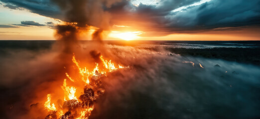 A breathtaking aerial view of a fiery landscape at sunset, with flames and smoke contrasting against a dramatic sky.